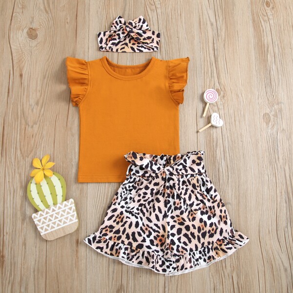 

Baby Girl Ruffle Tee With Leopard Belted Shorts, Multicolor