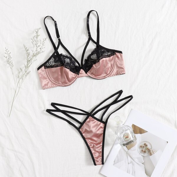 

Contrast Lace Satin Harness Push Up Lingerie Set, Dusty pink