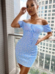 Ditsy Floral Tie Front Bardot Dress - Baby Blue - View 5