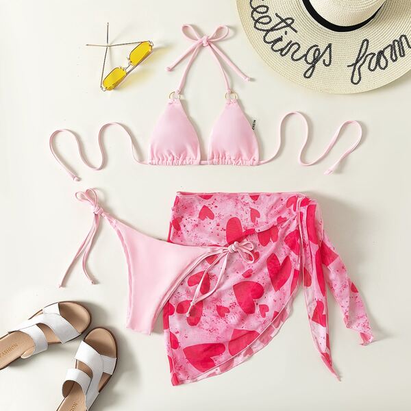 

3pack Halter Bikini Swimsuit & Heart Print Cover Up, Multicolor