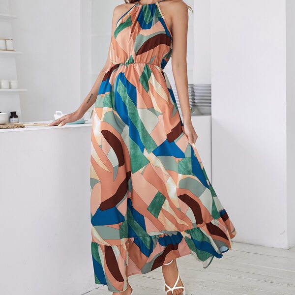 

Patchwork Print Ruffle Hem Halter Dress, Multicolor