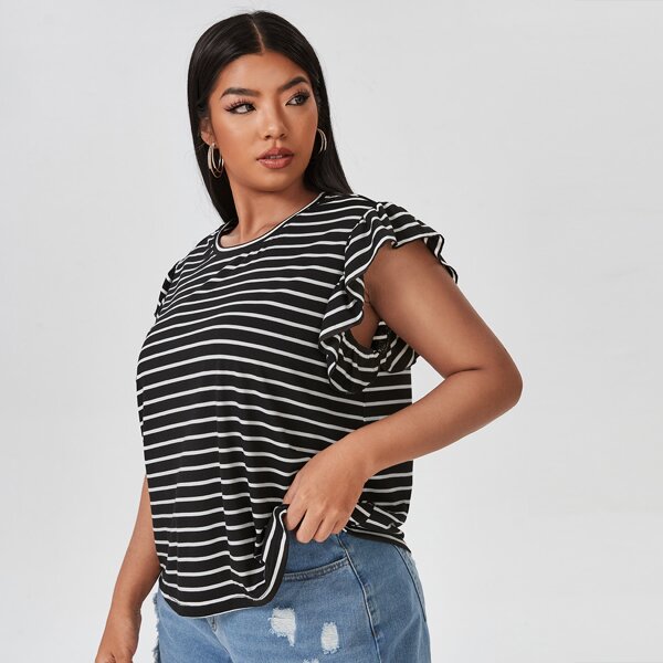 

Plus Striped Ruffle Trim Tee, Black
