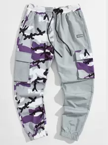 Manfinity VCAY Men Drawstring Waist Flap Pocket Camo Colourblock Cargo Trousers - Grey - View 1