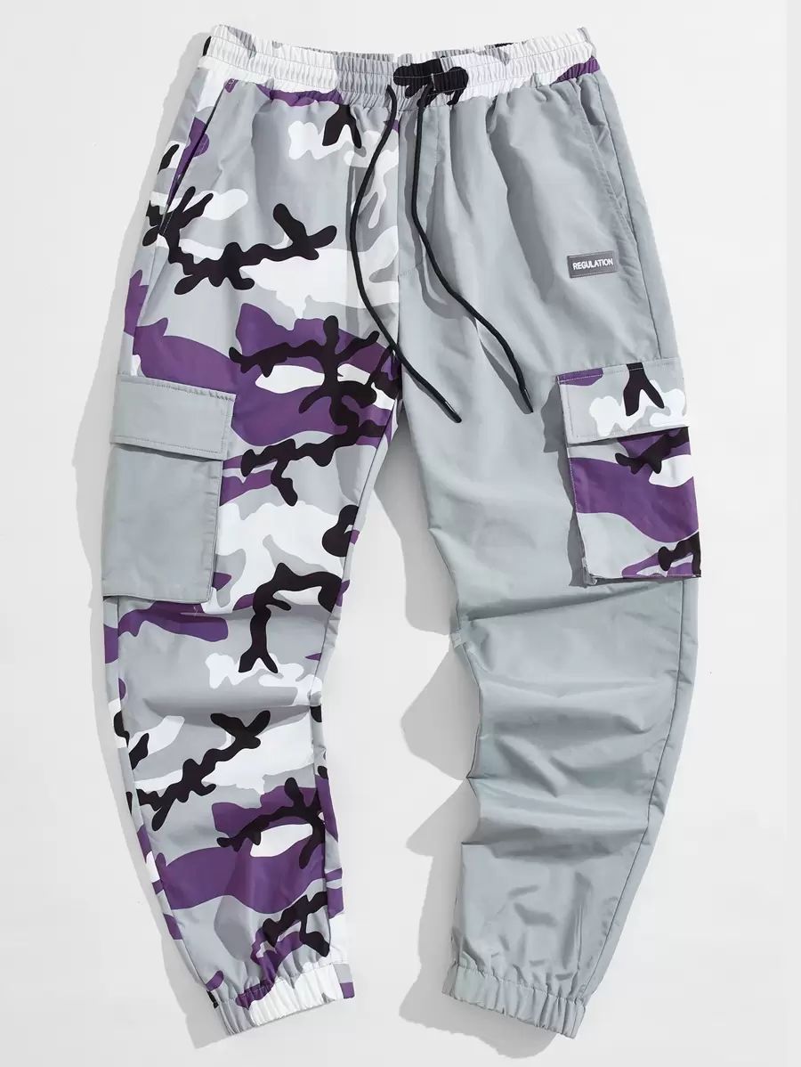 Manfinity VCAY Men Drawstring Waist Flap Pocket Camo Colourblock Cargo Trousers - Grey - View 1