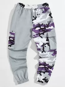 Manfinity VCAY Men Drawstring Waist Flap Pocket Camo Colourblock Cargo Trousers - Grey - View 2