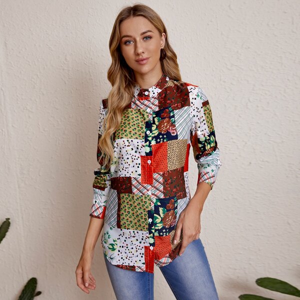 

Patchwork Button Front Blouse, Multicolor