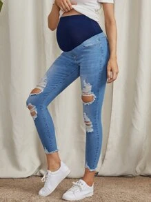 SHEIN 孕婦裝破洞毛邊緊身九分牛仔褲 - 淺色水洗藍 - 查看 4