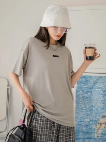 DAZY 字母貼布落肩T恤 - 灰色 - 查看 1