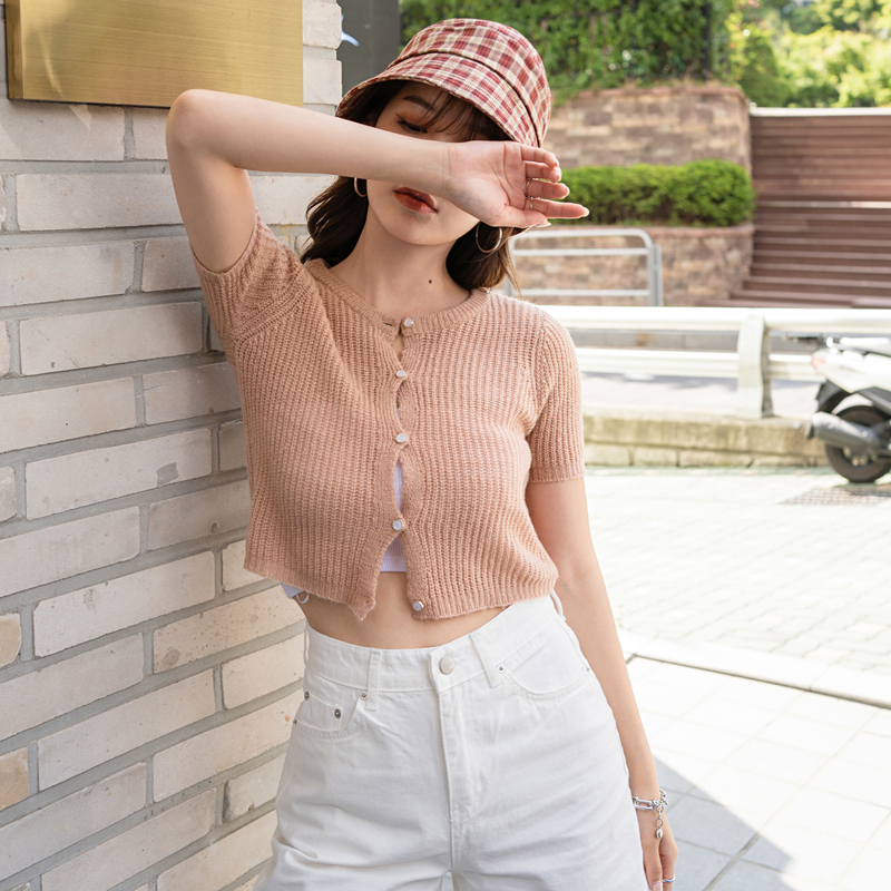 

Button Front Short Sleeve Crop Cardigan, Apricot