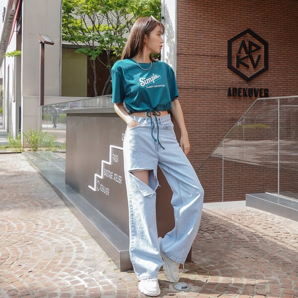 

Letter Graphic Drawstring Hem Crop Tee, Green