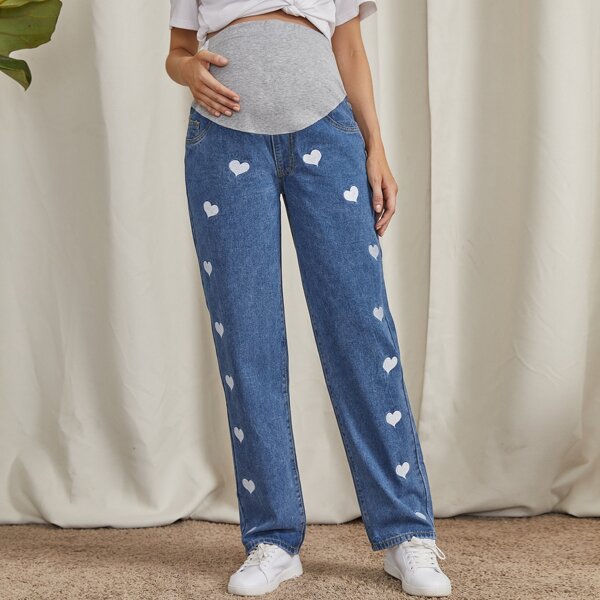 

Maternity Colorblock Heart Print Straight Leg Jeans, Medium wash