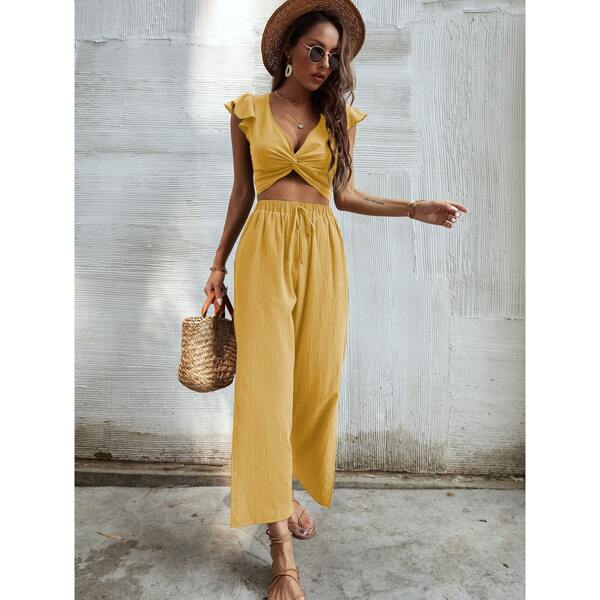 

Ruffle Trim Twist Top With Pants, Yellow