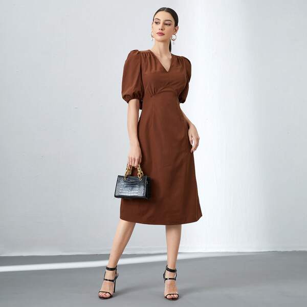 

V-neck Puff Sleeve Backless Dress, Coffee brown