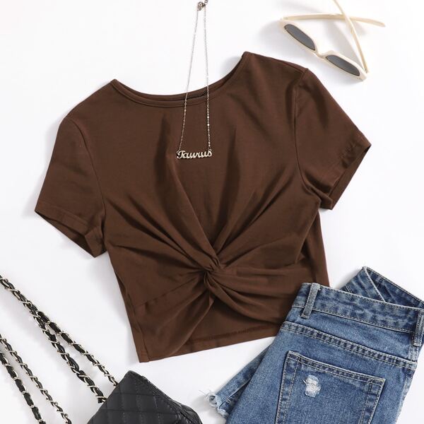 

Plus Twist Detail Solid Tee, Chocolate brown
