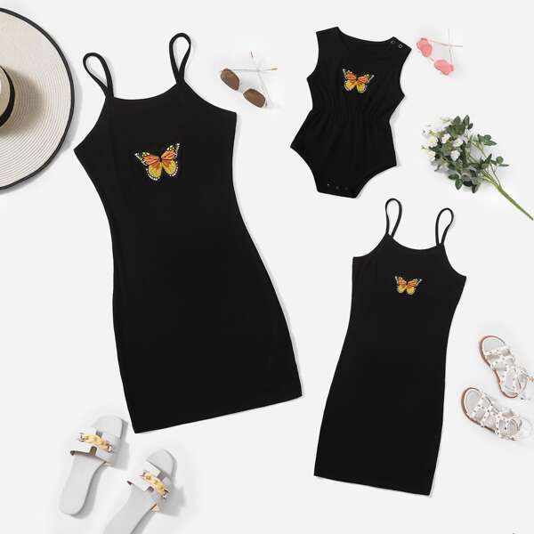 

Baby Girl Butterfly Embroidery Bodysuit, Black