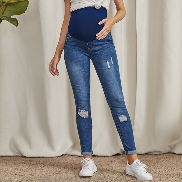 

Maternity Wide Waistband Ripped Skinny Jeans, Medium wash