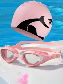 Swimming Goggles, Swim Cap, Nose Clip, Ear Plugs Set, Beach Essentials, Beach Accessories, Pool Float - Pink - View 1