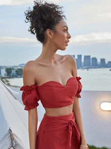 Top corto de manga farol de hombros descubiertos - Rojo - Ver 3