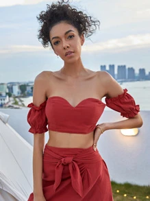 Top corto de manga farol de hombros descubiertos - Rojo - Ver 4