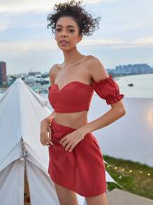 Top corto de manga farol de hombros descubiertos - Rojo - Ver 5