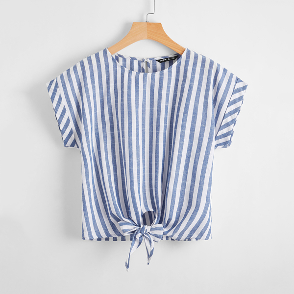 

Plus Striped Knot Front Roll Up Sleeve Top, Blue and white