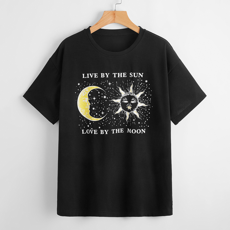 

Slogan Sun & Moon Graphic Oversized Tee, Black