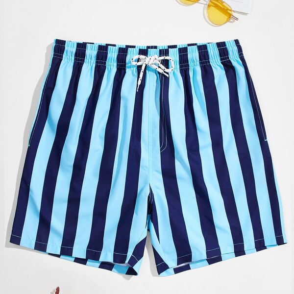 

Men Striped Drawstring Waist Swim Trunks, Blue