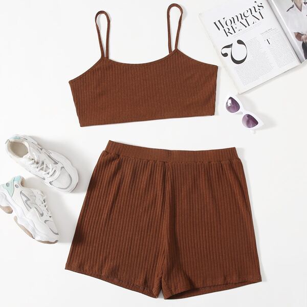 

Plus Solid Rib-knit Cami Top & Biker Shorts, Rust brown