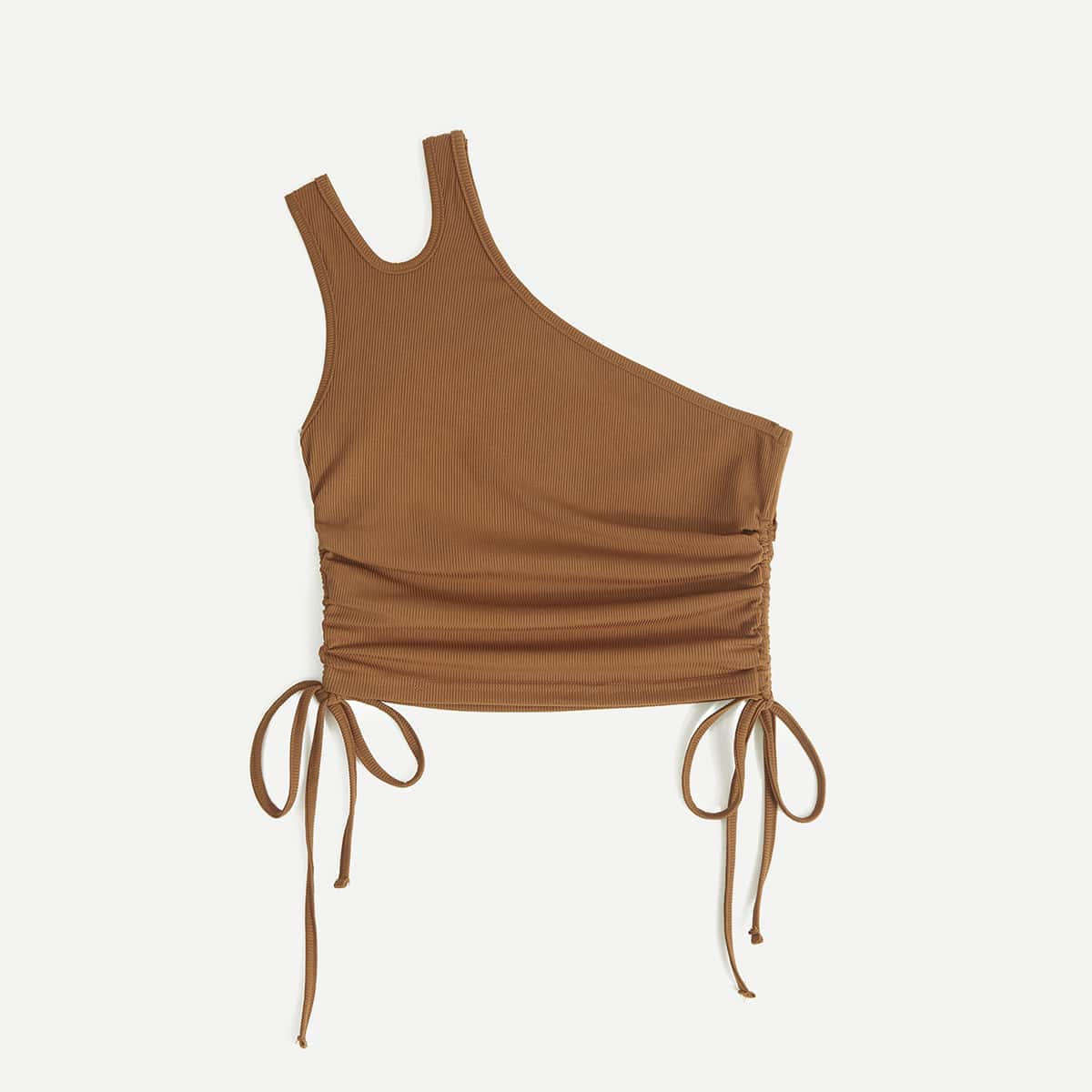 

Solid Drawstring Ruched One Shoulder Top, Brown