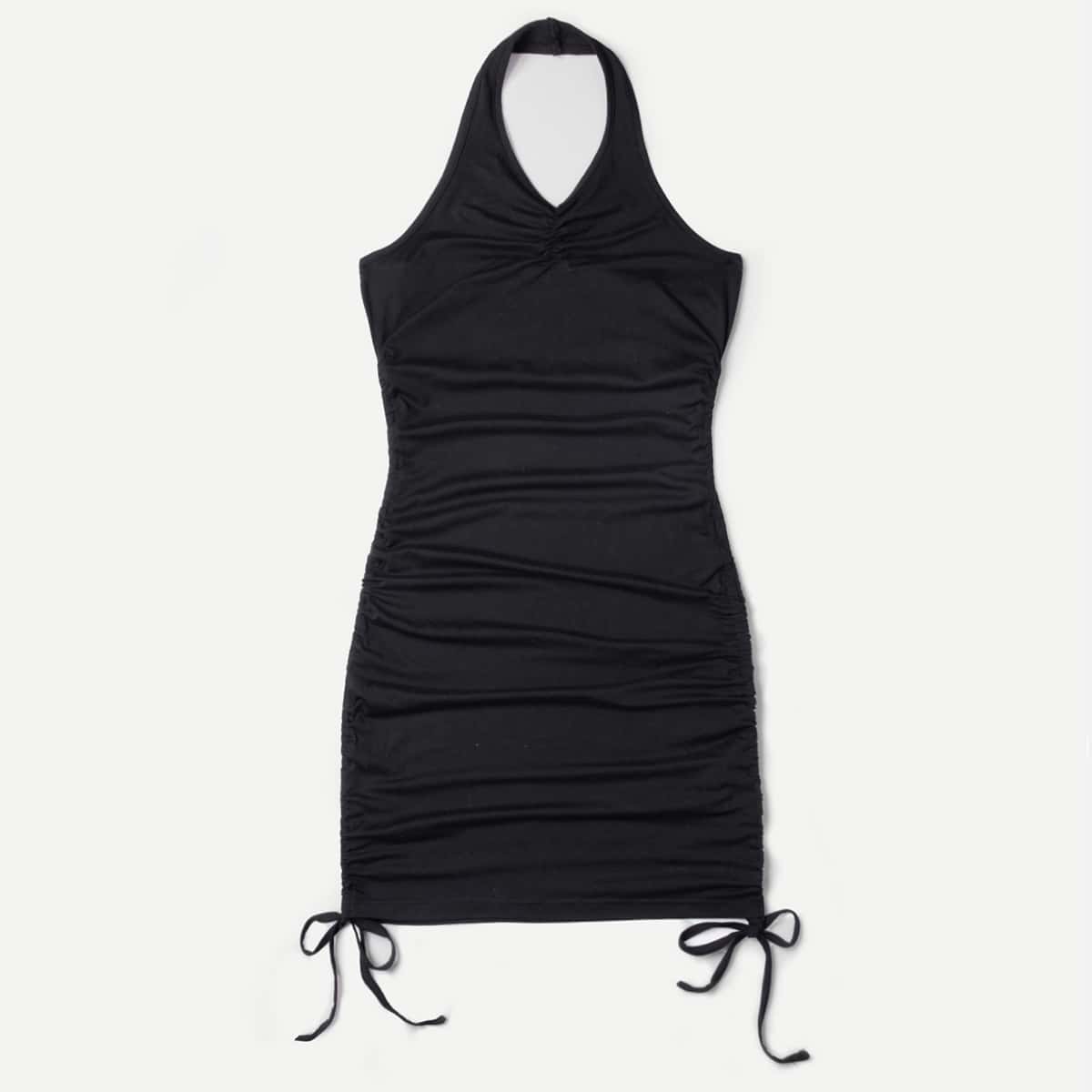

Solid Drawstring Ruched Halter Dress, Black
