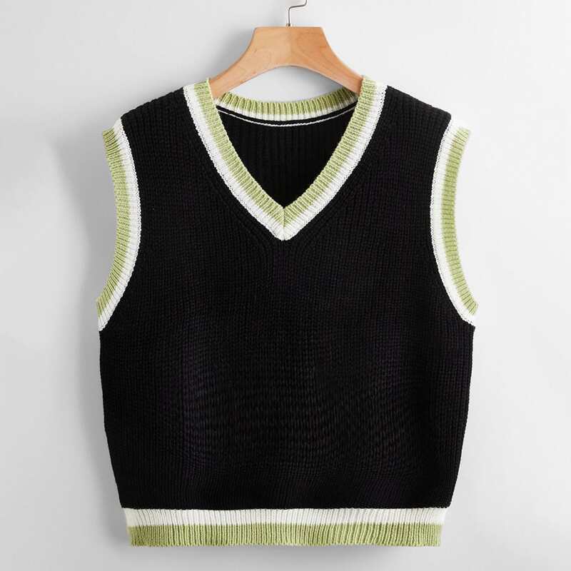 

Contrast Binding Sweater Vest, Black
