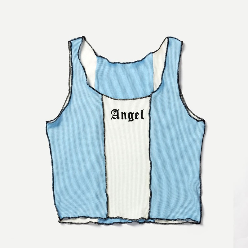 

Letter Stitching Trim Colorblock Ribbed Tank Top, Blue and white