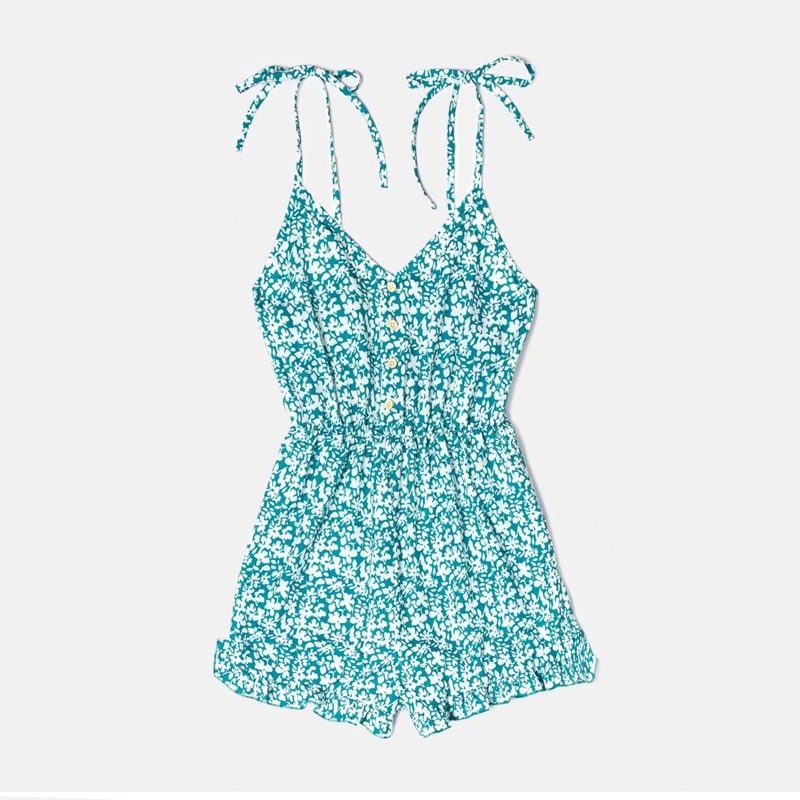 

Ditsy Floral Button Front Tie Shoulder Romper, Mint blue