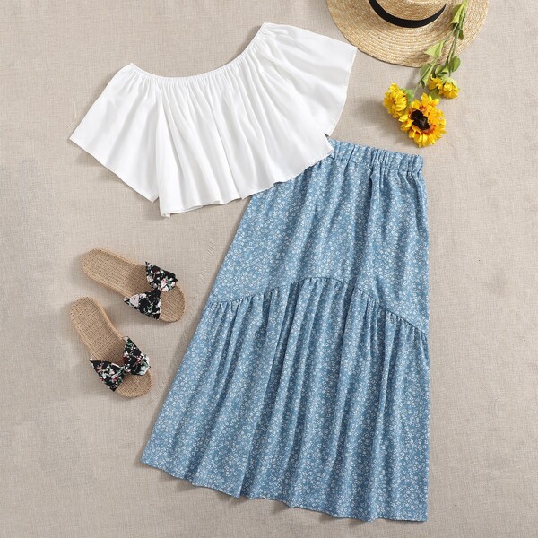 

Plus Off The Shoulder Top & Ditsy Floral Skirt, Blue and white