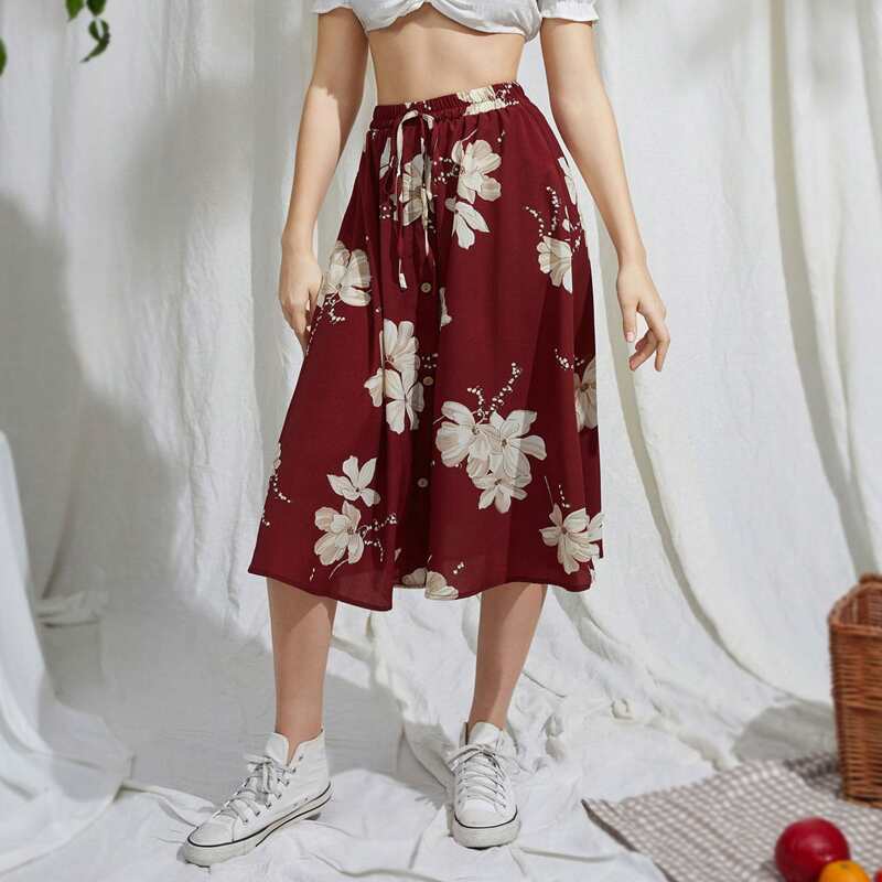 

Floral Print Skirt, Burgundy
