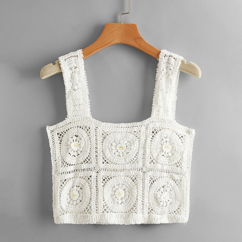 

Floral Embroidery Crochet Tank Top, White