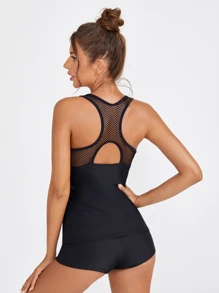 SHEIN Swim Summer Fishnet Panel Tankini Set Racerback Tank Top & Shorts 2 Pieces Bathing Suit - Black - View 2