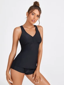 SHEIN Swim Summer Fishnet Panel Tankini Set Racerback Tank Top & Shorts 2 Pieces Bathing Suit - Black - View 3