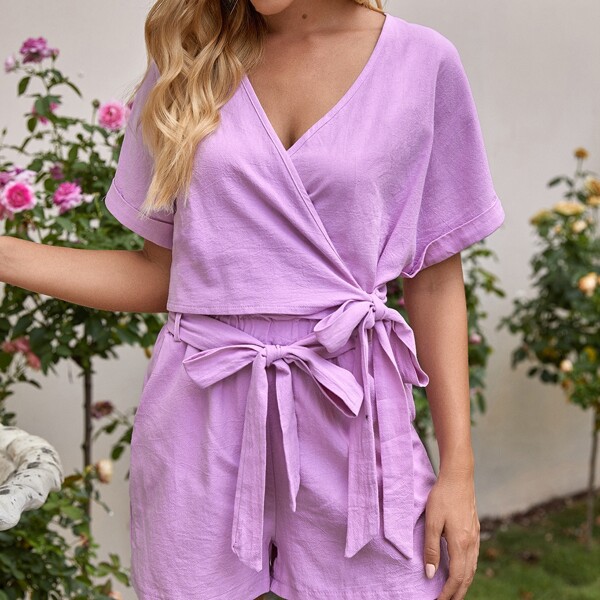 

Wrap Crop Top & Belted Shorts, Purple