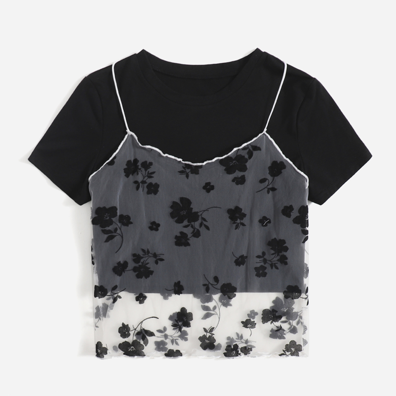 Solid Tee & Floral Mesh Cami, Black and white