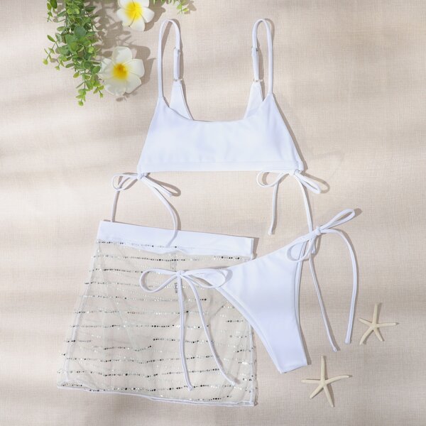 

3pack Tie Side Bikini Swimsuit & Mesh Beach Skirt, White