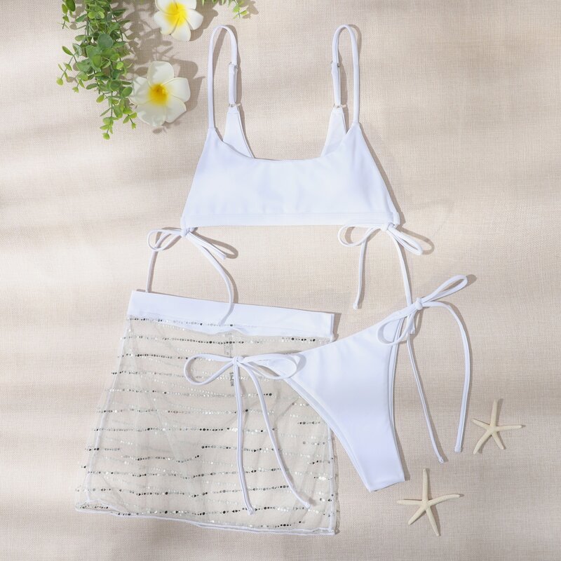 

3pack Tie Side Bikini Swimsuit & Mesh Beach Skirt, White