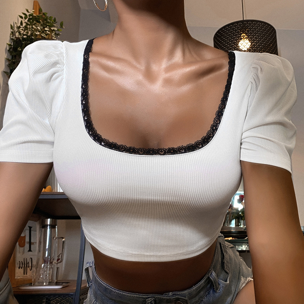 

Contrast Binding Puff Sleeve Crop Tee, White