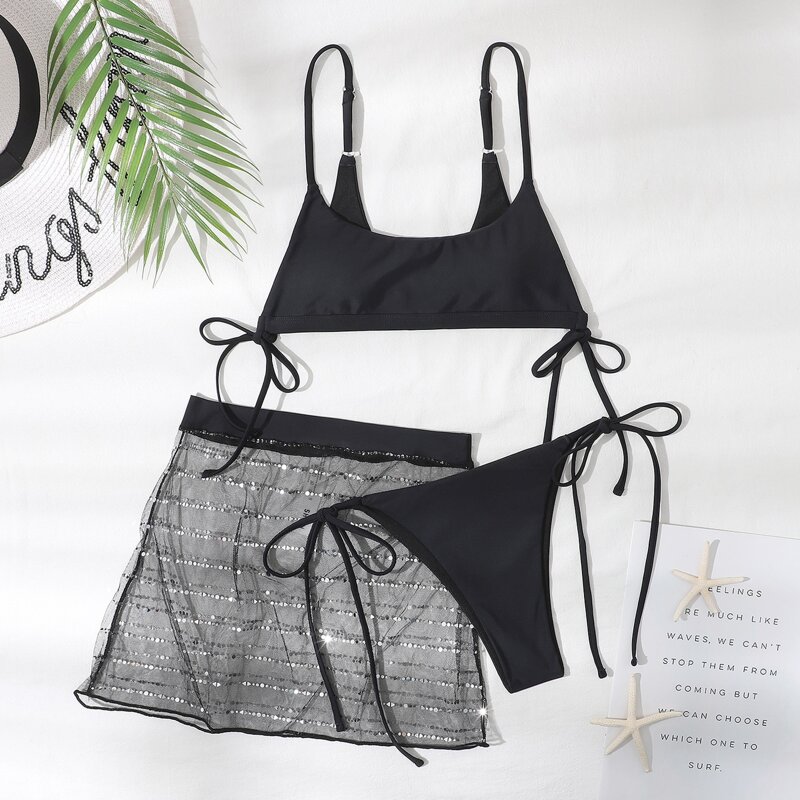 

3pack Tie Side Bikini Swimsuit & Mesh Beach Skirt, Black