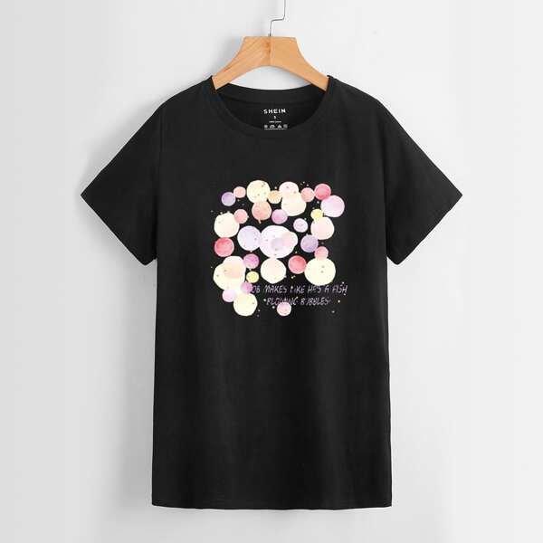 

Slogan & Graphic Print Tee, Black