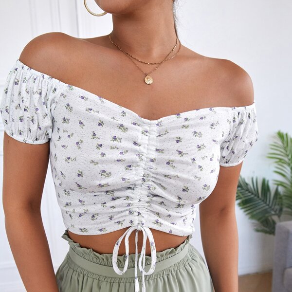 

Drawstring Off Shoulder Ditsy Floral Print Tee, Multicolor