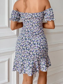 Breezaya 花卉露肩結飾荷葉邊下擺洋裝