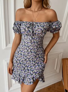 Breezaya 花卉露肩結飾荷葉邊下擺洋裝