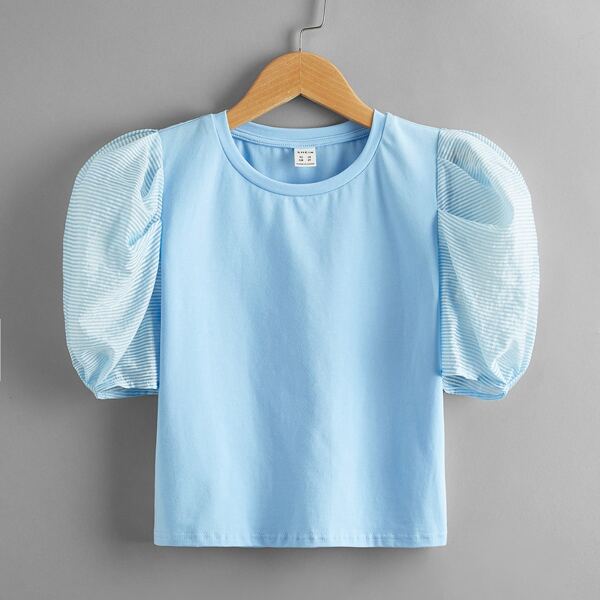 

Girls Striped Puff Sleeve Top, Baby blue