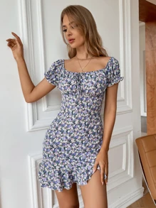 Breezaya 花卉露肩結飾荷葉邊下擺洋裝